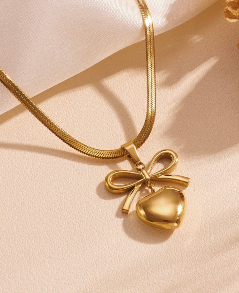 Anti Tarnish Bow Knot Heart Themed Pendant Necklace