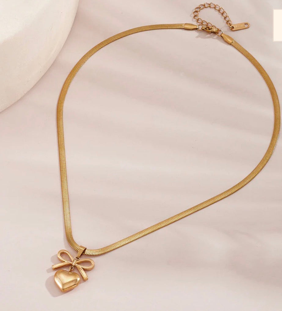 Anti Tarnish Bow Knot Heart Themed Pendant Necklace