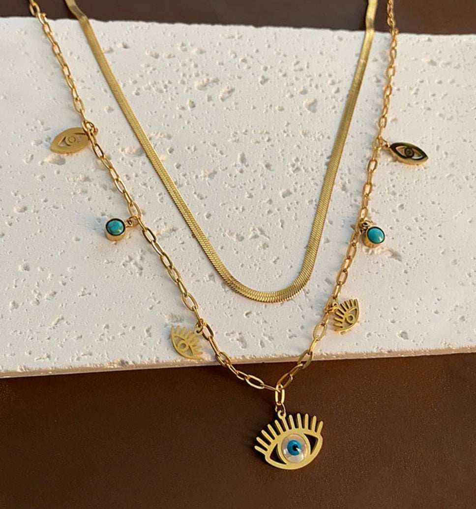 Anti Tarnish Evil Eye themed Dual Strand Necklace