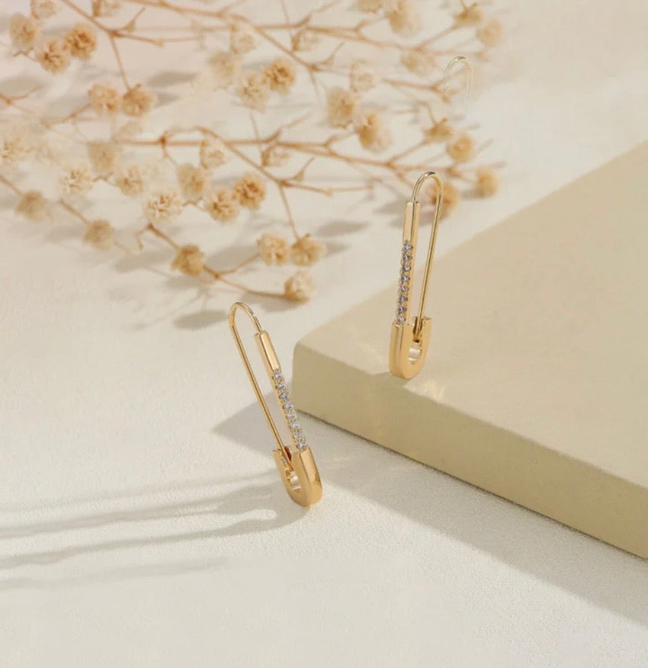 Safety Pin Shaped AD Studded Drop Earrings