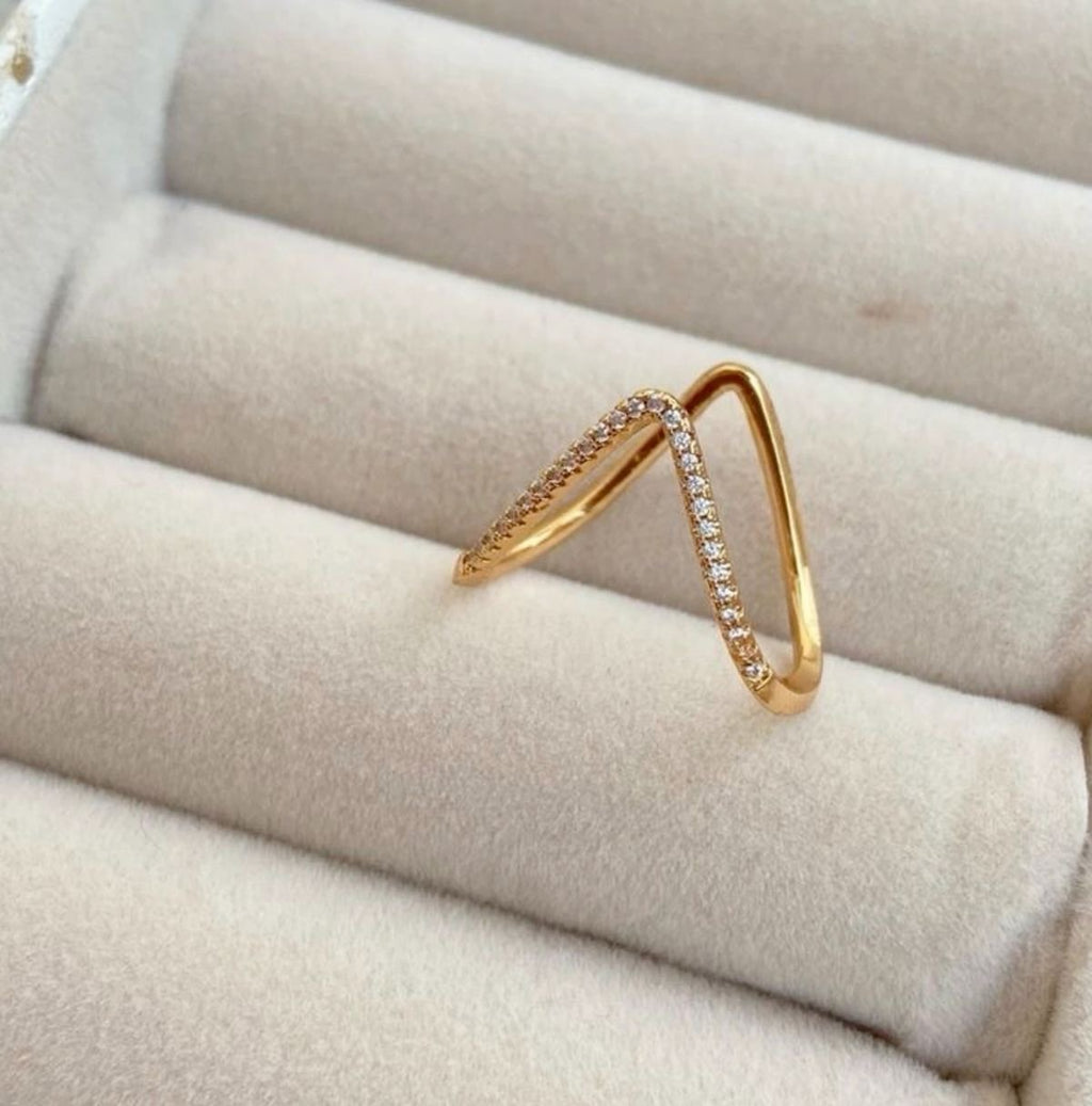V shaped studded gold anti tarnish ring