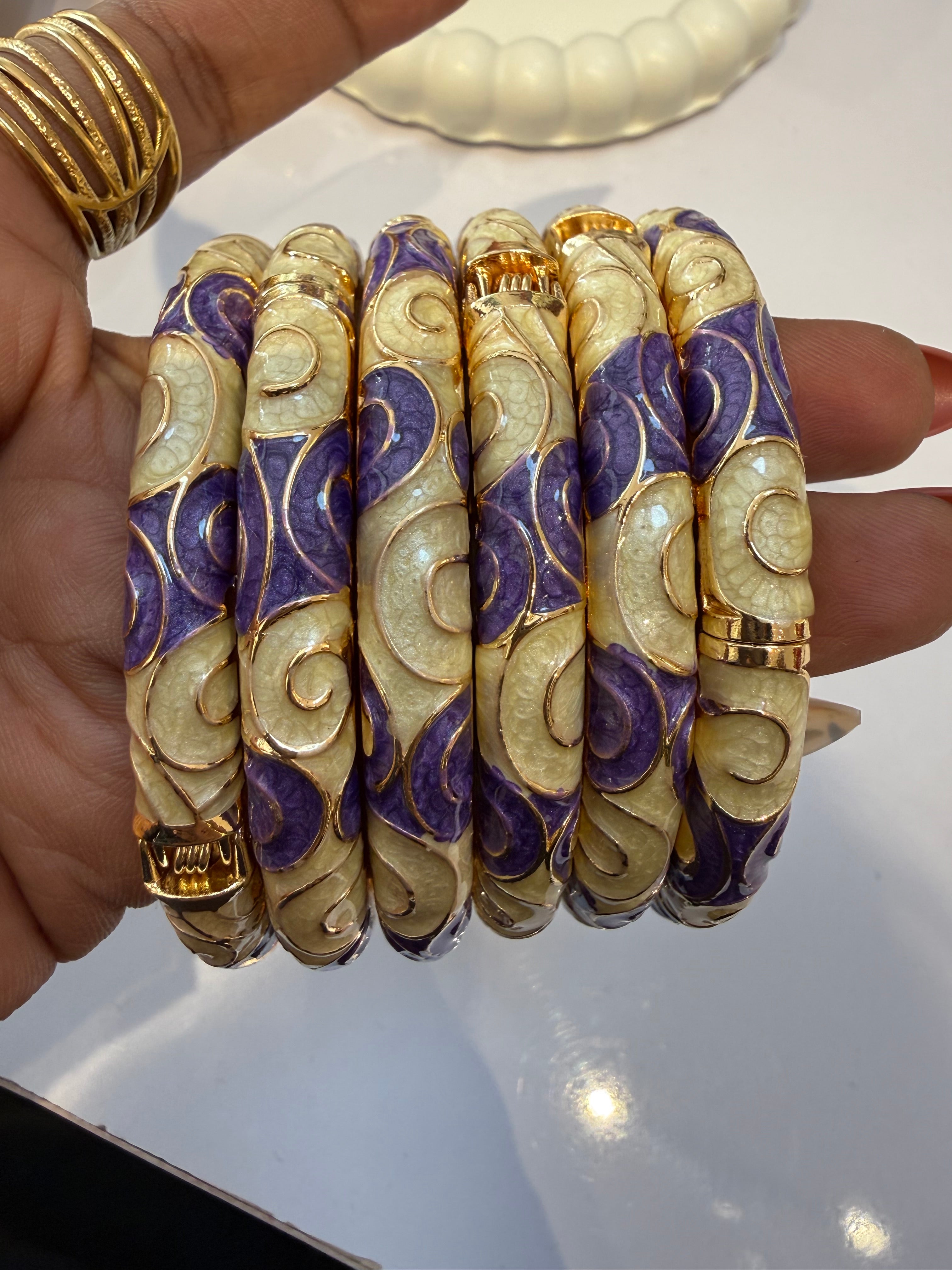 Purple With Cream Anti tarnish Enamel Bangles (Single) Openable & Free-size
