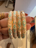 Peach With Mint Green Floral Design Anti Tarnish Enamel Bangle (Single) Openable & Free-size