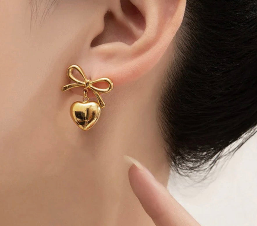 Anti Tarnish Bow Heart Themed Earrings