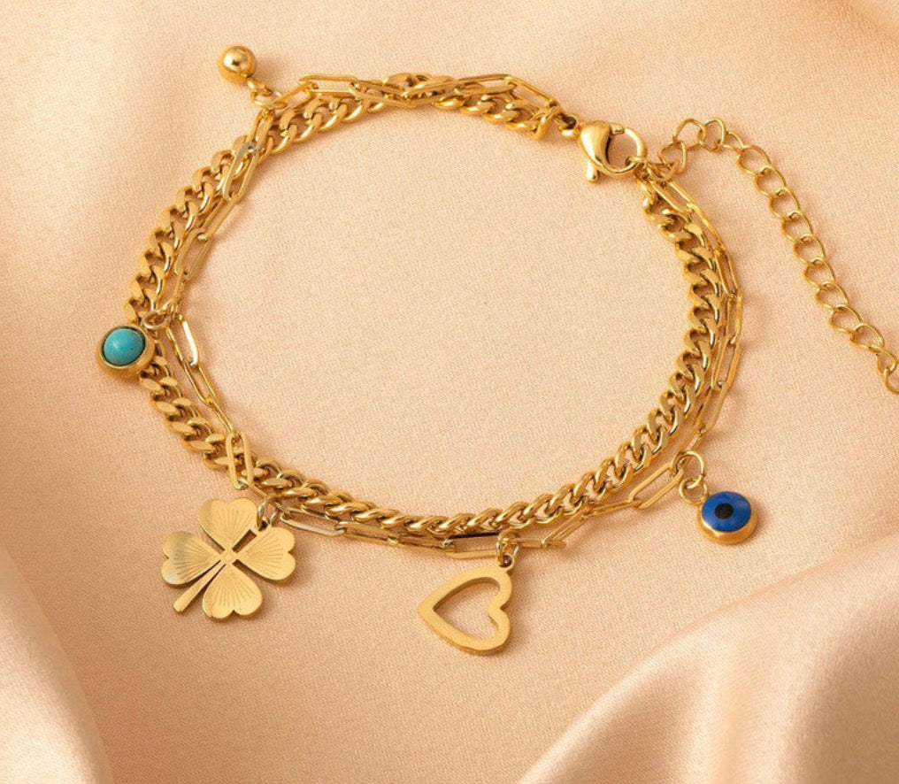Anti Tarnish Clover Themed Evil Eye Wraparound Bracelet