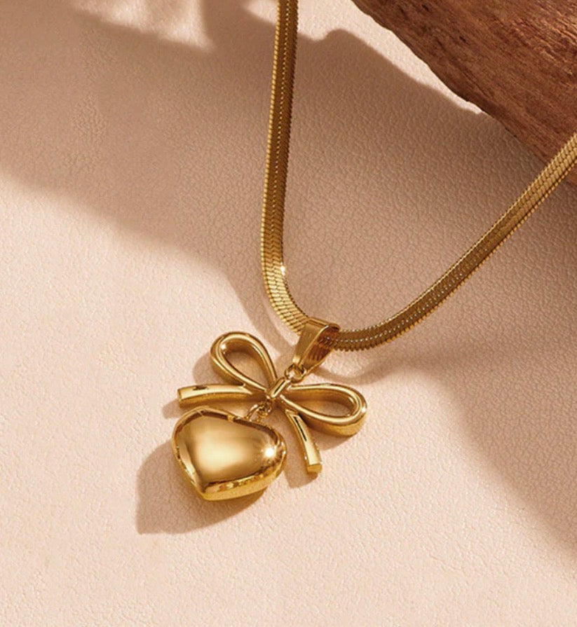 Anti Tarnish Bow Knot Heart Themed Pendant Necklace