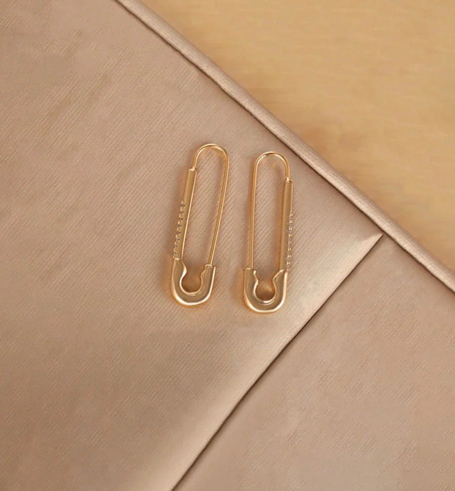 Safety Pin Shaped AD Studded Drop Earrings